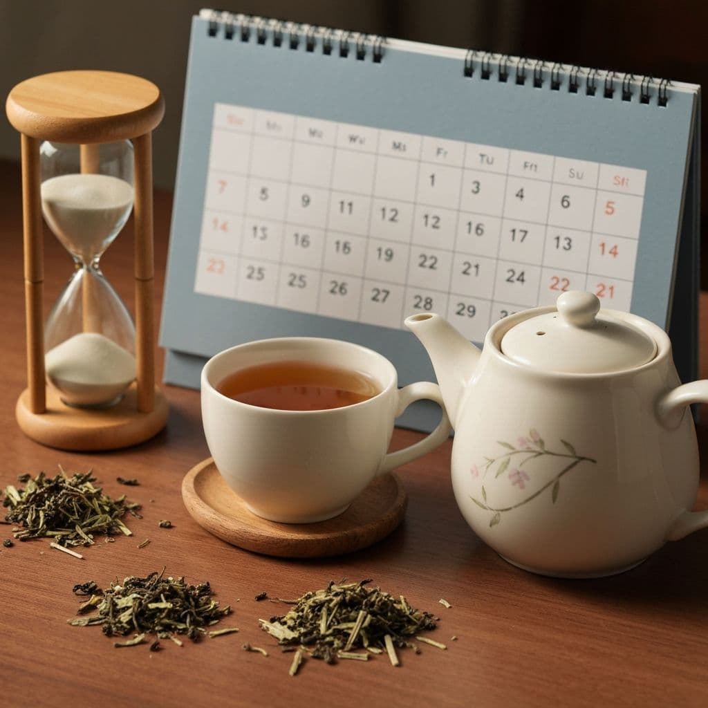 Čajnik i šolja čaja na stolu pored kalendara i pješčanog sata koji simboliziraju trajanje