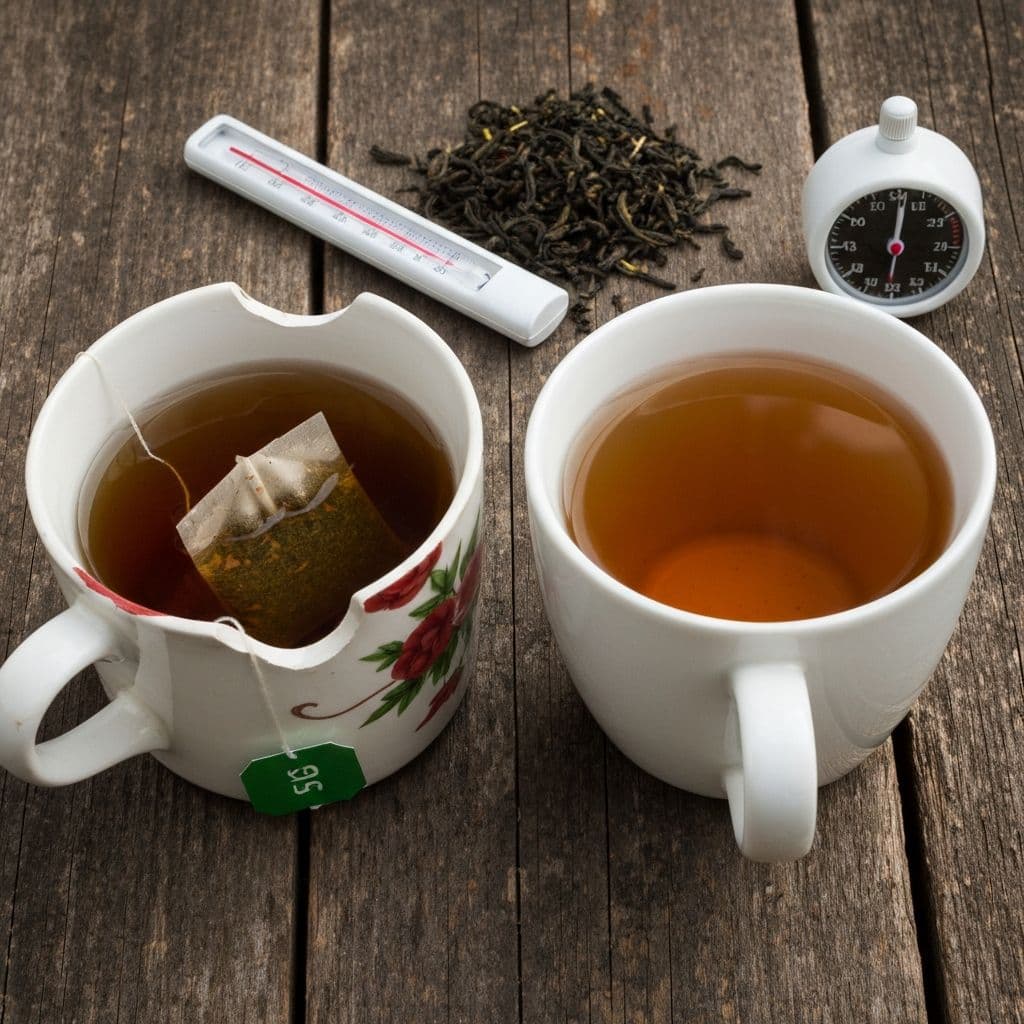 Poređenje prekuhanog tamnog i pravilno pripremljenog zlatnog čaja u dvije šolje