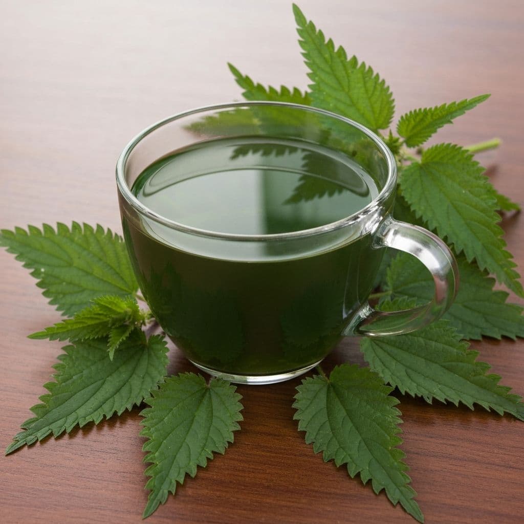 Staklena šolja zelenog čaja od koprive sa svježim listovima koprive