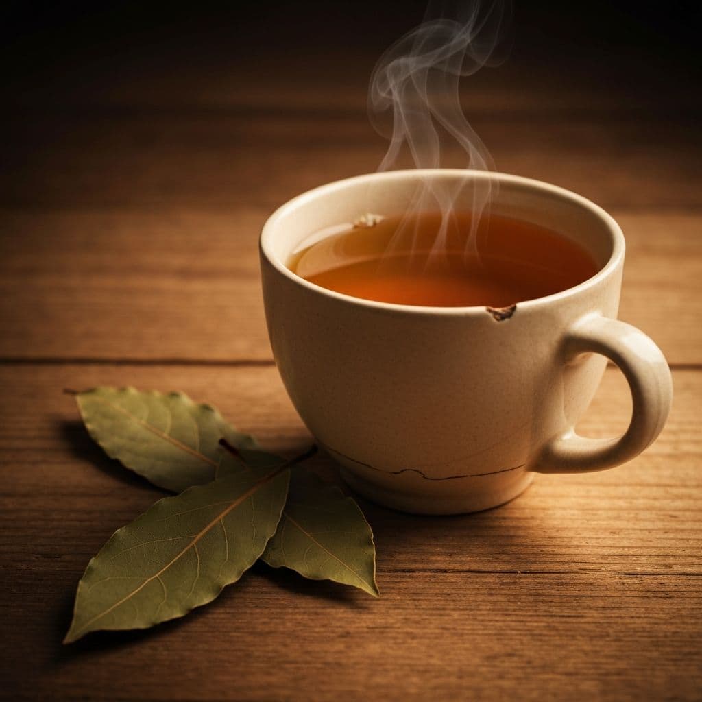 Keramička šolja čaja od lovora sa sušenim lovorovim listovima na drvenom stolu