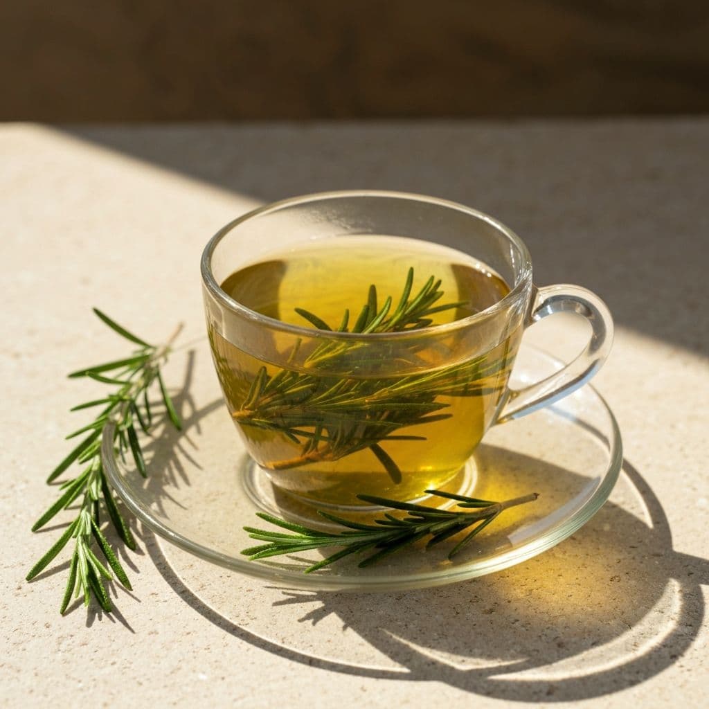 Šolja čaja od ruzmarina sa svježim grančicama ruzmarina na kamenom stolu